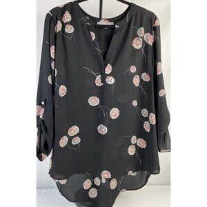 danielrainn Black Floral Print V-Neck Roll-Tab Sleeve Sheer Tunic Blouse XL